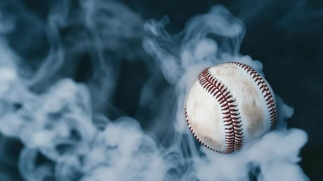 A baseball is in the air with smoke coming out of it. The smoke is white and it is coming out of the ball