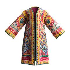 Vibrant Traditional Uyghur Robe with Colorful Geometric Patterns and Wide Sleeves Reflecting Central Asian Cultural Heritage
