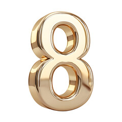 Elegant 3D Render of Shiny Gold Number Eight with Glossy Finish and Smooth Edges on Clean White Surface