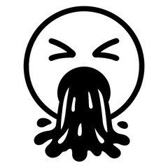 Black and White Puking Emoji Icon - Expressing Sickness, Nausea, or Disgust