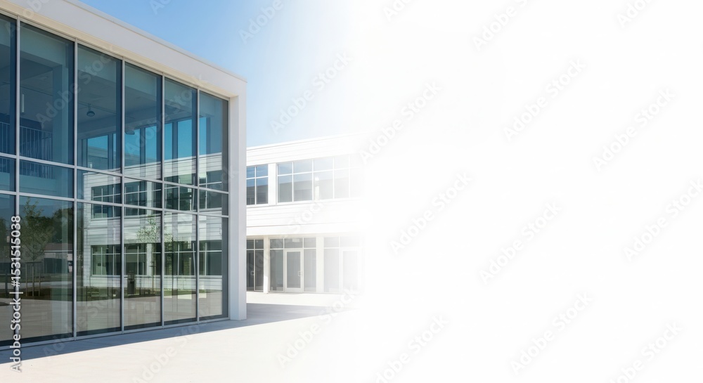 Poster modern architectural building with large glass windows reflecting sunlight, showcasing contemporary 