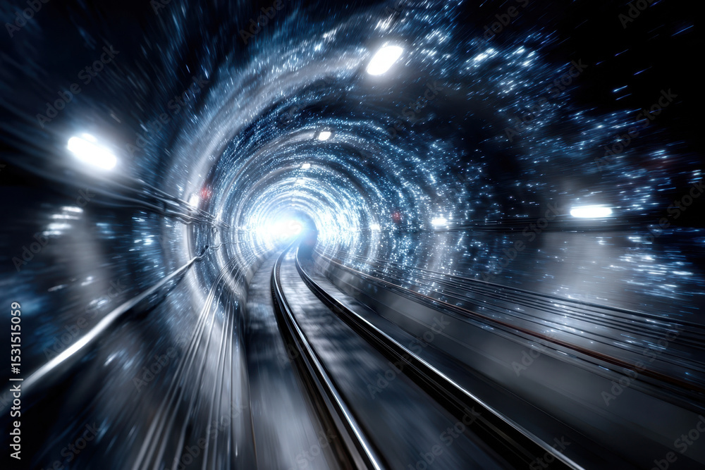 Poster exploring a futuristic tunnel illuminated by light and star-like patterns