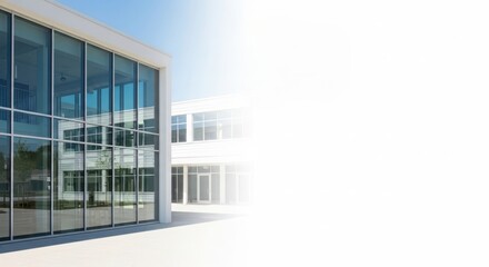 Fototapeta premium Modern architectural building with large glass windows reflecting sunlight, showcasing contemporary design elements and minimalistic style, featuring clean lines and open space with copy space