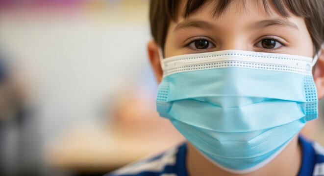 Young boy wearing a blue face mask in a classroom setting, focused on learning, with blurred classmates in the background, highlighting the importance of health and safety in education