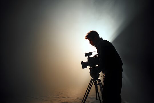A silhouette of a videographer capturing a scene with dramatic backlighting and fog, symbolizing the art of visual storytelling, filmmaking, and media production.