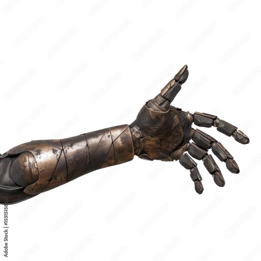 Poster detailed robotic arm with intricate mechanical components and metallic finish, showcasing blend of t