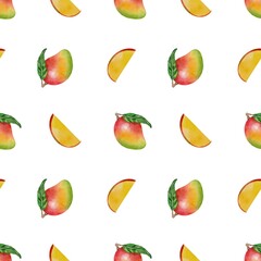 Seamless watercolor pattern with whole mango fruits and slices. Bright, tropical design for summer packaging, textile, and wrapping. Hand-painted and isolated on white background.