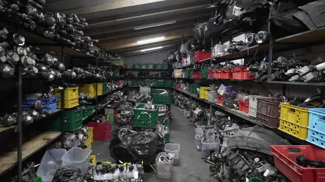 Warehouse filled with car parts on shelves. Auto parts warehouse concept.