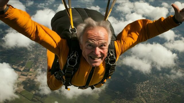 An older man is wearing a black shirt and a green backpack as he jumps out of a plane