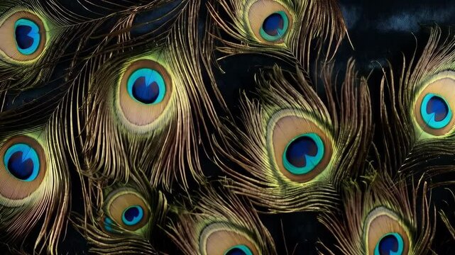 A dense group of peacock feathers displayed, showcasing the iridescent blue and green patterns and textures against a dark background for design elements.