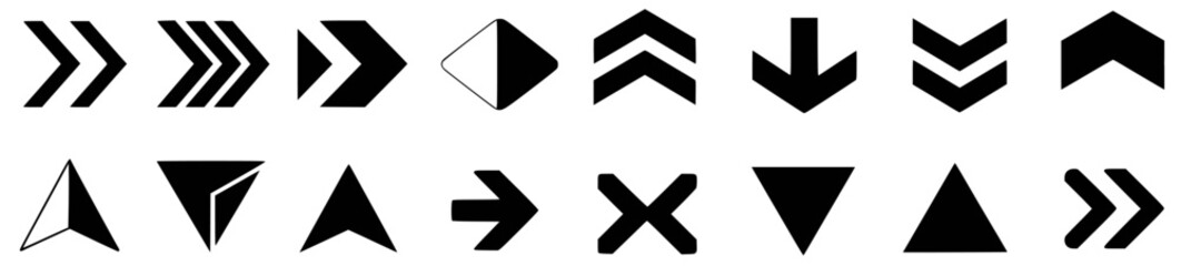 Collection of various black arrow and triangle vector shapes for design and navigation elements © Mehedy