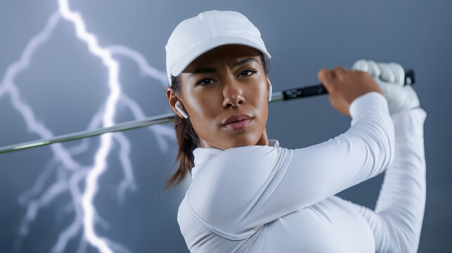 Female asian golfer in action amidst dramatic lightning background