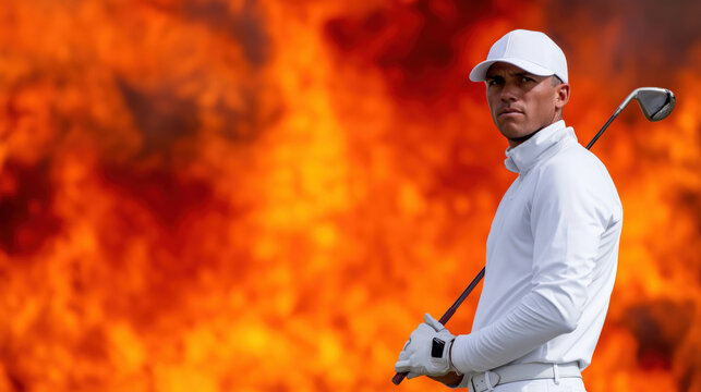 Focused male golfer in white outfit with fiery background