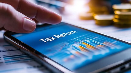 A close-up of a hand pressing a smartphone screen displaying 'Tax Return', with financial charts and coins in the background.