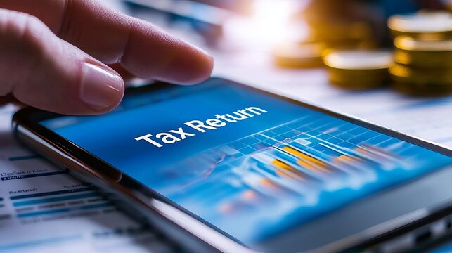 A close-up of a hand pressing a smartphone screen displaying 'Tax Return', with financial charts and coins in the background.