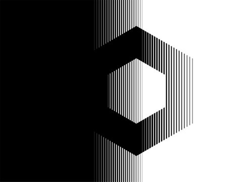 Vector transition from black to white with abstract hexagon. Striped vector background of thin lines for covers, posters. packaging. Black and white pattern