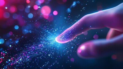 Close-up of a human finger activating a high-tech digital interface with blue and violet neon cybernetic energy bursts