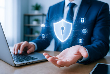 Businessman Presenting Holographic Security Shield with Cloud, Mobile, Banking, and Internet Icons