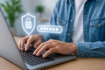 Masked Password Entry with Security Shield on Laptop