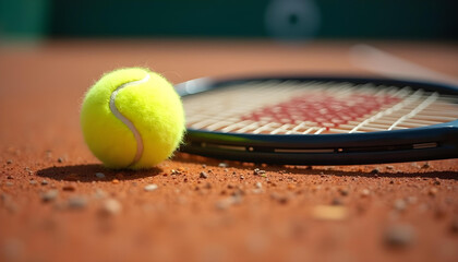 Pelota de tenis y raqueta en cancha de tenis de tierra batida. Día soleado