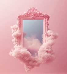 A surreal romantic concept is depicted in an image featuring a golden vintage frame mirror, clouds, and a pink wall