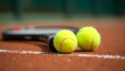 Pelotas de tenis y raqueta en cancha de tenis de tierra batida. Día soleado