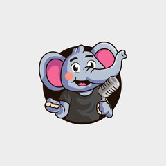 Cute cartoon mascot logo of an elephant carrying a microphone ready to give jokes as a standup comedian or ready to do a podcast