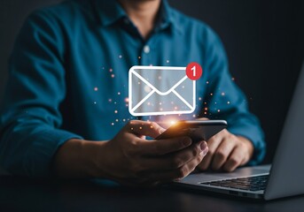 Businessman using email marketing tools on laptop and smartphone, sending newsletters and analyzing campaign performance to engage subscribers and grow business through personalized content	
