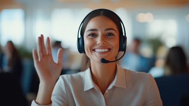 Female support specialist with headset smiling and waving