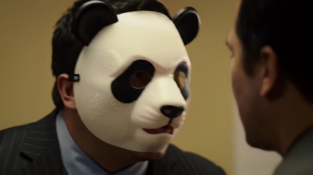 Man in a panda mask in a business setting