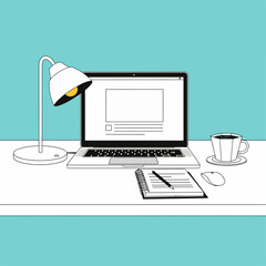 Modern minimalist workspace setup with laptop notebook coffee and lamp