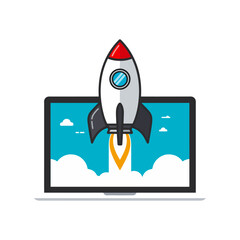 Rocket launching from laptop screen startup business concept illustration