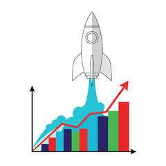 Rocket launching with upward trending bar graph showing business growth and success