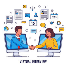 Online job interview concept illustration with handshake