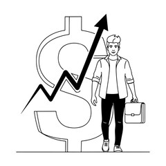 Young man walking towards growing dollar sign symbol