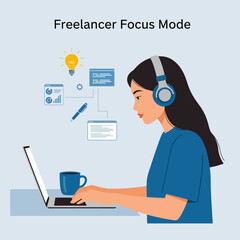 Focused freelancer woman working on laptop with headphones
