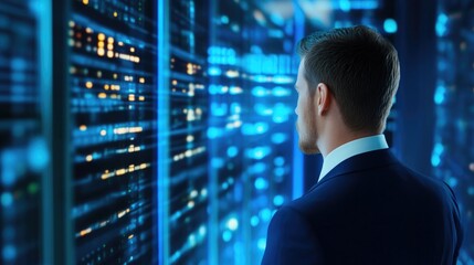 Fototapeta premium IT Specialist Observing Data Center Servers