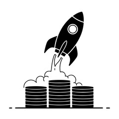Rocket launching from stacks of coins representing financial growth and success
