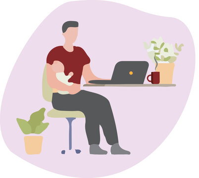 Remote Working Dad Holding Baby with coffee and plants. Flat Vector Illustration
