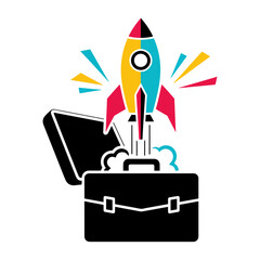 Rocket launching from briefcase startup business success icon