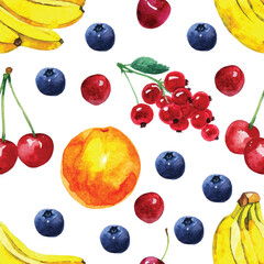 Seamless Watercolor Fruit Pattern with Bananas and Berries.