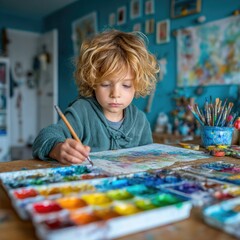 Child Immersed in Creative Watercolor Painting