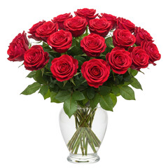 Romantic bouquet of red roses in a glass vase isolated on transparent background