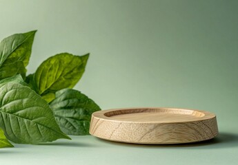Greenery-Filled Forest Backdrop with Wooden Display Podium for Natural Cosmetics