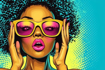 A pop art portrait features a sexy, surprised black woman with African hair and an open mouth, holding sunglasses with the word 'wow' reflected in them, set against a modern, bright background in a