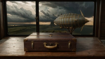 Steampunk laptop made from antique airship navigation console, brass rivets, wind-up key on side, celestial map on screen, storm clouds outside the window.