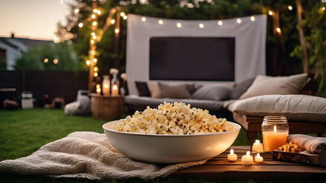 An outdoor movie night setup in a backyard with a white projector screen, string lights, cozy cushions and blankets spread out on the grass.