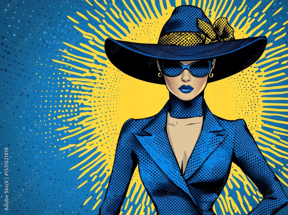 Poster the background of this image features blue retro comic rays in a pop art style with a modern twist