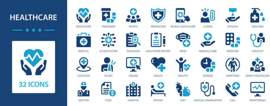 Healthcare vector icon set. Medicine, treatment, diagnosis, prevention, health, emergency, doctor.