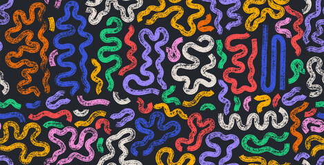Seamless pattern decorative with bold curved white brush lines, loops. hand drawn banner design in grunge seamless style. Vector bold brush drawn doodle lines, messy squiggles, grunge, scribbles.
